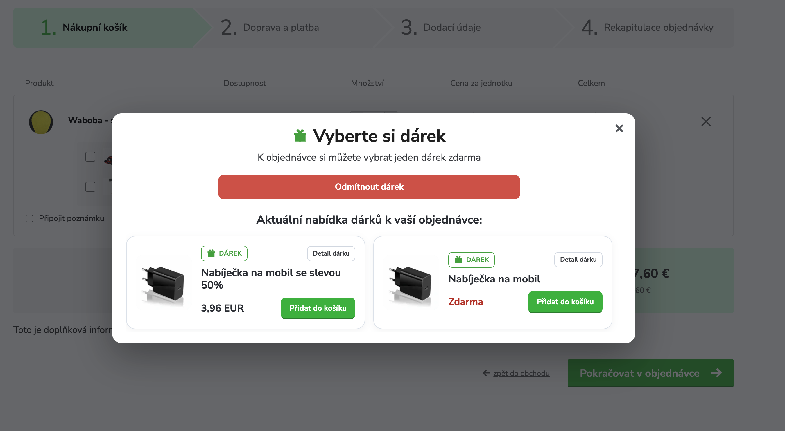 Nabídka dárků zobrazená v košíku
